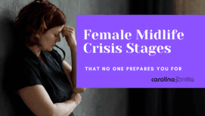 Illustration depicting unexpected stages of a female midlife crisis, highlighting emotional and life changes.